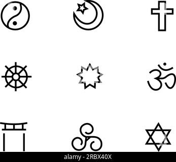 Weltreligionssymbole. Christentum, Islam, Hinduismus, Buddhismus, Judentum, Vektordarstellung des Taoismus, Shintoismus, Bahaismus und Druidismus. Stock Vektor
