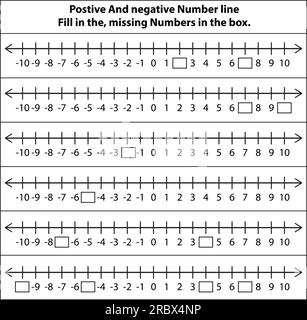 In den Zeilen 1 bis 10 und -10 für positive und negative Zahlen fehlen Zahlen. Füllen Sie das Feld aus. Mathematik auf weißem Hintergrund. Grafische Vektordarstellung. Stock Vektor