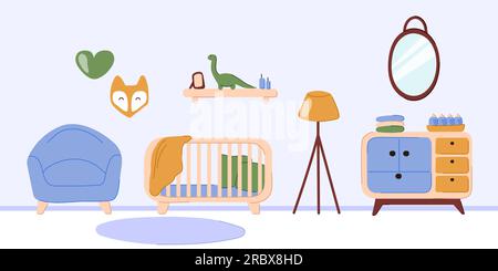 Kinderzimmer für einen Jungen. Das Konzept des Kinderzimmers mit Wiege und Babyspielzeug. Vektorgrafik im flachen und kritzelnden Stil. Stock Vektor