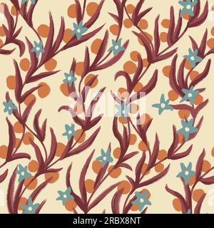 Handgezeichnetes nahtloses Muster mit diagonalen Blumenästen, braunen Beerenblumen auf beigefarbenem Hintergrund. Herbstdesign im Retro-Vintage-Garten, botanischer Druck in warmen, neutralen und verblassten Farben Stockfoto