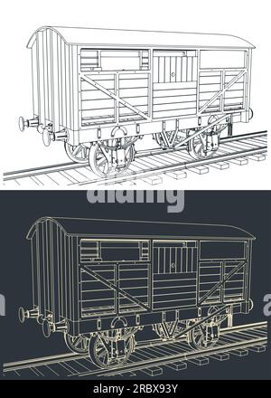 Stilisierte Vektordarstellungen von Skizzen eines Retro-Rinderwaggons Stock Vektor