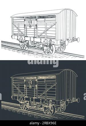 Stilisierte Vektordarstellungen von Skizzen von Rinderwaggons im Retrowaggon Stock Vektor