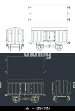 Stilisierte Vektordarstellungen von Bauplänen eines Güterwaggons Stock Vektor