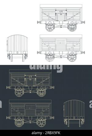 Stilisierte Vektordarstellungen von Bauplänen eines Retro-Rinderwaggons Stock Vektor