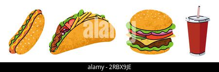 Fast Food, Zeichentrickfilme, einfacher flacher Stil, Street High-Kalorie-Food-Illustration. Stock Vektor