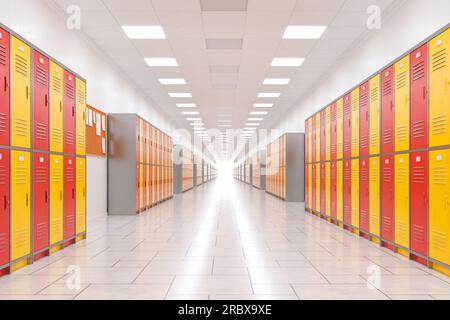 Heller Schulflur. Rote und gelbe Schließfächer für Studenten an Universitäten oder Universitäten. Eine endlose Reihe von Schließfächern im Flur. Akademisches Gebäude für Stockfoto