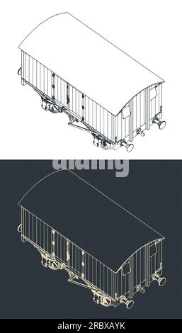 Stilisierte Vektordarstellungen isometrischer Entwürfe von Güterretro-Waggons Stock Vektor