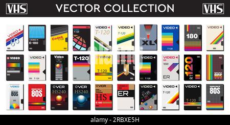 VHS-Vektorsammlung. Packung mit abstrakten Abdeckungen von 70s, 80s und 90s. Vintage-Set isolierter Grafiken. Retro-Designs für Poster und Textilien. Stock Vektor