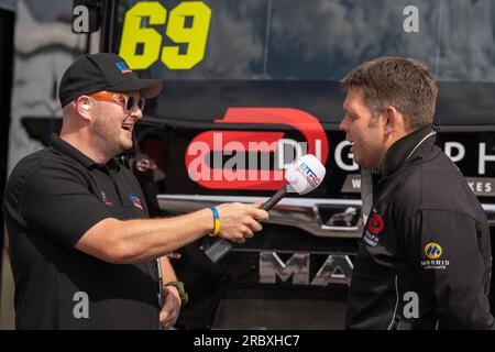 Andover, Großbritannien. 09. Juli 2023. Rennen Sie am 9. Juli 2023 während der British Truck Racing Championship auf dem Thruxton Circuit, Andover, Großbritannien, um das 3. Rennen. Foto: Chris Williams. Nur redaktionelle Verwendung, Lizenz für kommerzielle Verwendung erforderlich. Keine Verwendung bei Wetten, Spielen oder Veröffentlichungen von Clubs/Ligen/Spielern. Kredit: UK Sports Pics Ltd/Alamy Live News Stockfoto