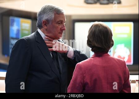 Vilnius, Litauen. 11. Juli 2023. NATO Public Forum 2023 im Litauischen Ausstellungs- und Kongresszentrum LITEXPO. Der italienische Außenminister Antonio Tajani (L) anlässlich der Tagung des Nordatlantikrates. 11.07.2023 Litauen, Vilnius Foto: Alexi Witwicki/Sipa USA Kredit: SIPA USA/Alamy Live News Stockfoto