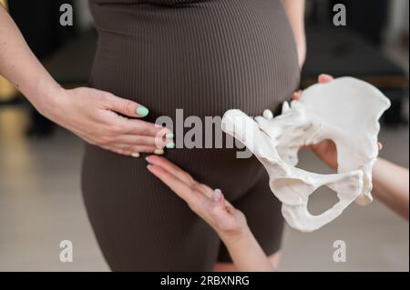 Doula erklärt den Geburtsvorgang an einer Probe des Beckens einer schwangeren Frau. Stockfoto