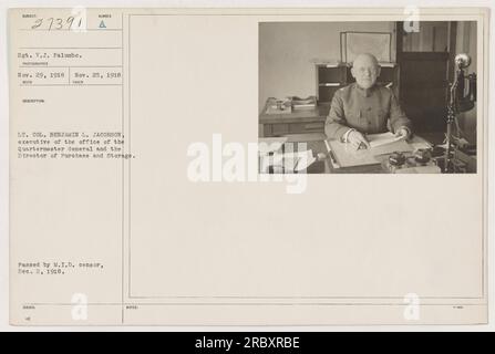 Sgt. V.J. Palumbo posiert mit Oberstleutnant Benjamin L. Jacobson, Geschäftsführer des Quartiermeisters und Direktor für Einkauf und Lagerung. Das Foto wurde am 25. November 1918 aufgenommen und am 2. Dezember 1918 mit Genehmigung des M.I.D. Zensors herausgegeben. Stockfoto