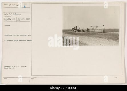 Sergeant V.J. Palumbo fotografierte am 30. November 1918 in Aberdeen Proving Grounds, MD. Das Bild zeigt einen 8 mm Schmalspurzug, der am 4. Dezember 1918 vorbeifuhr. Dieses Foto wurde vom Fotografen 111-SC-27776 aufgenommen. Sie hat die Nummer 277,76. Es werden nicht viele zusätzliche Informationen bereitgestellt. Stockfoto