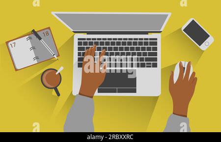 Arbeitsplatz des Managers zu Hause oder im Büro mit schwarzen Händen und langen Schatten Stock Vektor
