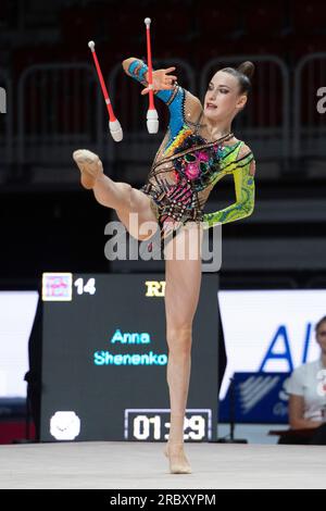 Darja VARFOLOMEEV gewinnt die Singles rundherum, Darja VARFOLOMEEV, TSV Schmiden, Action mit den Clubs, Gymnastik, rhythmische Gymnastik, Singles rundum, am 6. Juli, 2023 in Düsseldorf. Das Finale 2023 Rhein-Ruhr von 06,07 bis 09.07.2023 Stockfoto
