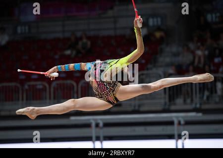 Darja VARFOLOMEEV gewinnt die Singles rundherum, Darja VARFOLOMEEV, TSV Schmiden, Action mit den Clubs, Gymnastik, rhythmische Gymnastik, Singles rundum, am 6. Juli, 2023 in Düsseldorf. Das Finale 2023 Rhein-Ruhr von 06,07 bis 09.07.2023 Stockfoto