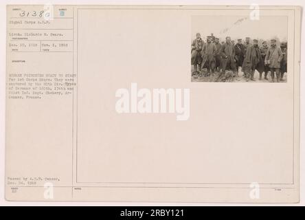 Deutsche Kriegsgefangene, gefangen von der 80. Division, bereiten sich auf den Transport zum 1. Korps-Hauptquartier vor. Die Gefangenen bestehen aus Soldaten der 160., 174. und 241. Infanterie-Regimente. Das Foto wurde von Lieut gemacht. Richards W. Sears am 1. November 1918 in Chehery, Ardennen, Frankreich. (Bildunterschrift durch Fotos von amerikanischen Militäraktivitäten während des Ersten Weltkriegs) Stockfoto