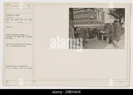 Corporal Lubbe nimmt an einem Offizierskurs Teil, der sich auf Verbindungstechniken konzentriert und auf dem Gelände des Army war College stattfindet. Dieses Foto wurde am 15. Oktober 1918 aufgenommen und am 19. Oktober 1918 vom M.I.D.-Zensor veröffentlicht. Corporal Lubbe ist Teil der Telefonabteilung im Hauptquartier der Division. Stockfoto