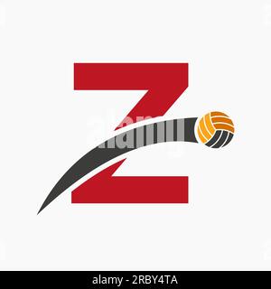 Volleyball-Logo auf Buchstabe Z mit beweglichem Volleyball-Symbol. Volleyball-Symbol Stock Vektor