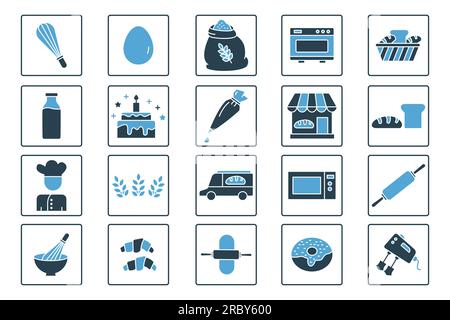 Symbol für Backwaren-Set. Enthält ein Element aus Backwaren-Symbol, Schneebesen, Ofen, Bäcker, Brot, Handmixer und mehr. Solides Icon-Design. Editor für einfache Vektorkonstruktion Stock Vektor