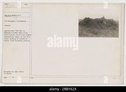 Ein Soldat von Battery E, 119. Regiment Field Artillery, steht neben einer getarnten „751-Pistole“ auf einem Feld bei Pismes, Frankreich. Die Waffe hatte gerade 60 Schüsse auf den Feind abgefeuert. Dieses Foto mit der Bezeichnung 111-SC-21862 wurde am 6. August 1918 aufgenommen und von den American Expeditionary Forces (AEF) veröffentlicht. Stockfoto