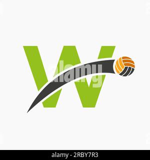 Volleyball-Logo auf Buchstabe W mit beweglichem Volleyball-Symbol. Volleyball-Symbol Stock Vektor