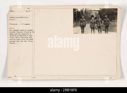 Lieutenant E. Cooper von Kompanie C, 104. Infanterie, früher Teil der 26. Und 8. Infanterie-Regimente, National Guard of Massachusetts, hat dieses Foto aufgenommen. Es zeigt zwei deutsche Soldaten, die während einer Razzia entführt wurden, die auf ein Sperrfeuer über dem Gipfel in Bois Brule, Boueg, Frankreich folgte. (Beschreibung basiert auf Fotonotizen, ID 111-SC-11304, aufgenommen von E. U. ausgestelltem C, Fotograf) Stockfoto