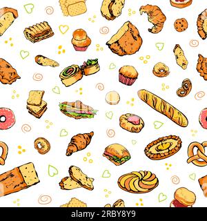 Buntes, handgezeichnetes Brot und Bäckereimuster Stock Vektor