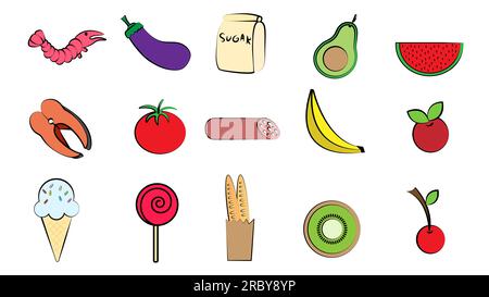 Set mit 15 Ikonen köstlicher Speisen und Snacks für ein Restaurant Bar Café auf weißem Hintergrund: Garnelen, Fisch, Auberginen, Tomaten, Wurst, Banane, ich Stock Vektor