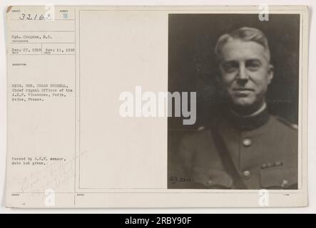 Brigadegeneral Edgar Russell, Chief Signal Officer der American Expeditionary Forces (A.E.F.), posiert am 27. Dezember 1918 für ein Foto in Vincennes, Paris, Frankreich. Dieses Bild wurde von Sergeant Chapman aufgenommen und wurde vom A.E.F.-Zensor autorisiert. Stockfoto