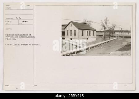 Telefonanlagen in Fort Benjamin Harrison, Indianapolis, Indiana. Das Foto zeigt Antennenkabel, die von den Installationen zum Krankenhaus verlaufen. Aufgenommen am 1. März 1919. Stockfoto