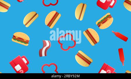 Endloses blaues, nahtloses Muster aus einer Reihe von Ikonen mit köstlichen Speisen und Snacks für ein Café-Bar-Restaurant: Tee, Burger, Ketchup, Speck, Jalapeno pe Stock Vektor