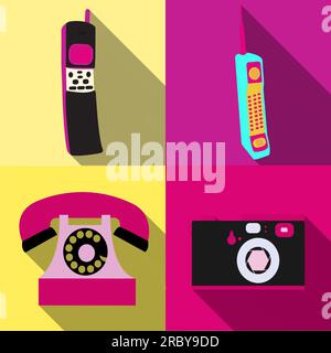Ein Set aus vier einfachen Symbolen im flachen Stil mit einem langen Schatten alter alter alter, alter Hipster-Elektronik im Retro-Stil, Mobiltelefonen mit Wähltasten und Slide Stock Vektor