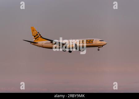 Buzz Airline Boeing 737 MAX auf Finale am Flughafen London Stansted, Essex, Großbritannien. Boeing 737-8-200 MAX. Buzz ist eine polnische Fluggesellschaft von Ryanair Stockfoto