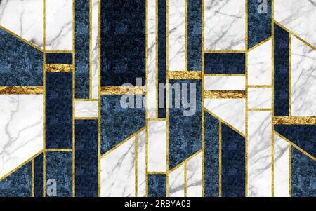 Moderne Tapete Marmorkunst. Gold, Blau, Türkis, Grau, Schwarz, Und Holzformen mit goldenen Linien. 3D Abbildung für Wanddekor Stockfoto