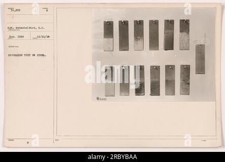 Sgt. Schachelford führt Korrosionstests an Stahl im Ersten Weltkrieg im Dezember 1918 durch. Dieses Foto wurde von dem Fotografen S.C. aufgenommen Schachelford und ist Teil der Sammlung 111-SC-31255. Stockfoto