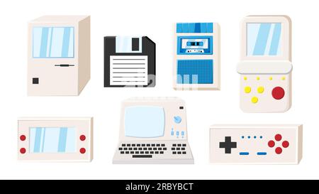 Set aus altem, altmodischem Elektronikcomputer mit Isometrie-Technologie, pc, Diskette, tragbaren Videospielkonsolen von 70s, 80s, 90s. Vecto Stock Vektor