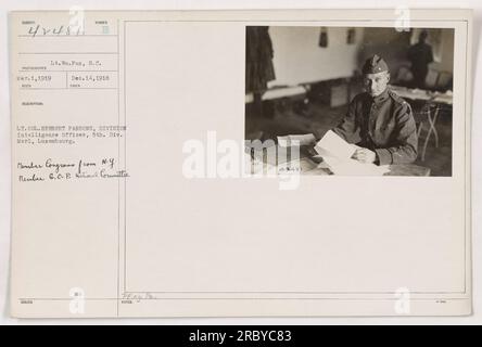 Leutnant Wm. Fox, S.C., fotografiert von Oberstleutnant Herbert Parsons, dem Nachrichtendienst-Offizier der 5. Division, in Merl, Luxemburg. LT. Fox ist Mitglied des Kongresses aus New York und Mitglied des Republikanischen Nationalkomitees. Das Foto wurde am 14. Dezember 1918 aufgenommen. Stockfoto