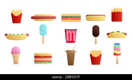 Set mit 15 Ikonen köstlicher Speisen und Snacks für ein Café-Bar-Restaurant auf weißem Hintergrund: Pommes Frites, Sandwich, Eis, Popcorn, Getränk. Stock Vektor