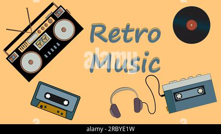 Poster von Schallplatten, alter Retro-Hipster-Film-Musik-First-Player und Audio-Kassettenrekorder zum Anhören von Audiokassetten und Retro-Musik i Stock Vektor