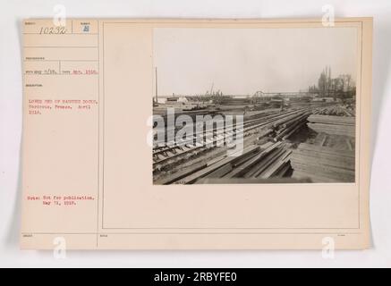 Lower End of Bassens Docks, Bordeaux, Frankreich. Dieses Foto vom 1918. April zeigt die Anlegestelle, ein wichtiger Knotenpunkt für amerikanische Militäraktivitäten im Ersten Weltkrieg. Bitte beachten Sie, dass dieses Foto nicht zur Veröffentlichung bestimmt ist. 31. Mai 1918. ANMERKUNGEN ZU: 13. Stockfoto