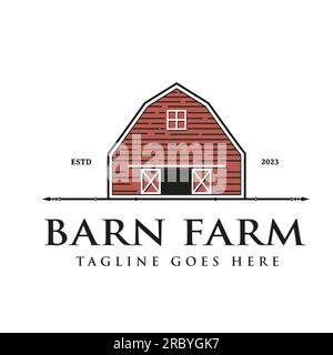 Bauernscheune im Vintage-Stil, hölzernes Landhaus, traditionelles Gebäudesymbol. Vintage Agriculture Logo-Design Stock Vektor