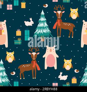 Winterhintergrund mit Tieren, Geschenken und Weihnachtsbäumen Stock Vektor