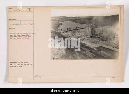 Staudamm in Savenay, Frankreich, zeigt das Land, das nach der Fertigstellung überflutet wird. Foto aufgenommen am 11. März 1918. Dieses Bild wurde zensiert und am 31. Mai 1918 von der Historischen Abteilung W.P.D. ATA veröffentlicht." Stockfoto