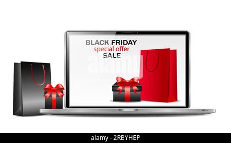 Das Konzept des Online-Shoppings am Black friday und Cyber monday, Online-Bestellungen von Waren und Geschenken aus Online-Shops. Laptop mit einer offenen Seite des Stock Vektor