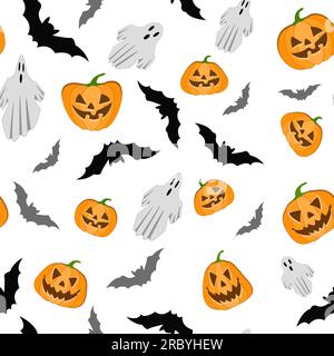 Nahtloses Vektormuster für Halloween. Kürbis, Geist, Fledermausstücke zum Halloween-Thema. Leuchtendes Cartoon-Muster für Halloween Stock Vektor