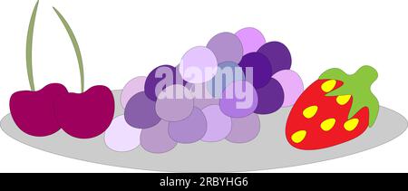 Kirschen, Trauben und Erdbeeren auf einem Teller, Kinderzeichnung. Vektordarstellung Stock Vektor