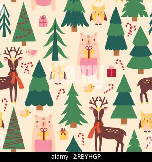 Weihnachtlicher Hintergrund mit Tieren und Tannenbäumen Stock Vektor