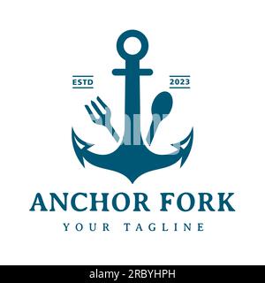 Retro-Ankergabel und Löffel im Vintage-Stil für das Nautical Beach Food Restaurant Logo-Design Stock Vektor