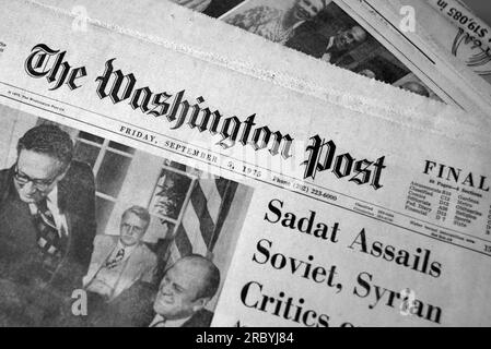 Eine Ausgabe der Washington Post vom 5. September 1975 zum Verkauf in einem amerikanischen Antiquitätenladen. Stockfoto